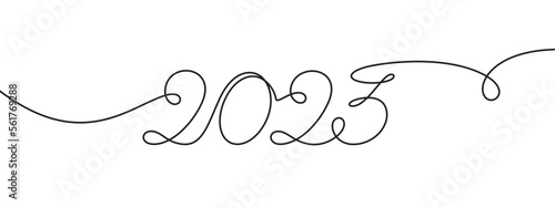 2023 new year single continuous line sketch. Hand drawing number 2023. Curved outline. Minimalistic hand-drawn banner with single line path. Trendy conceptual simplicity. Vector illustration