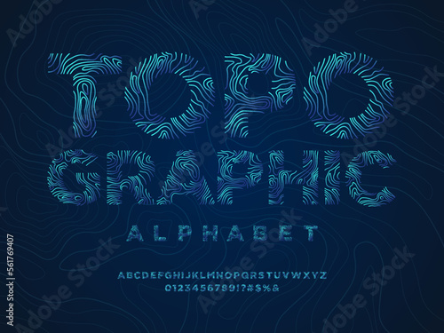 topographic style alphabet design with uppercase, numbers  and symbols