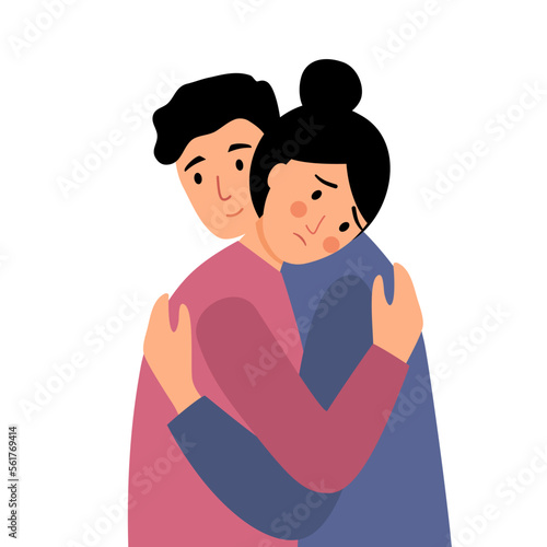 Man hug and support his female friend in flat design on white background. Man hugging his sad girlfriend.