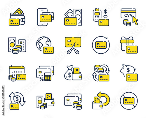 Credit card line icons. Payment card terminal, bankrupt and contactless pay set. Bank atm exchange, cut credit card and CVV code line icons. POS terminal, online bank payment, wallet. Vector