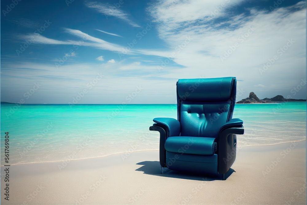 A blue leather chair standing on a tropical beach. Ai Generative A blue leather chair standing on a tropical beach. Ai Generative