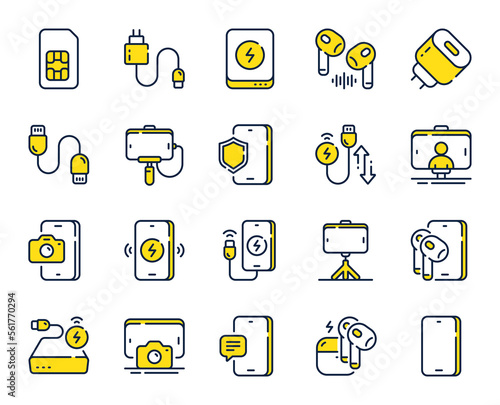 Mobile accessories line icons. Sim card, selfie stick and wireless charger set. Power bank battery, mobile headphones and usb type-c cable line icons. Fast charger, phone accessories. Vector