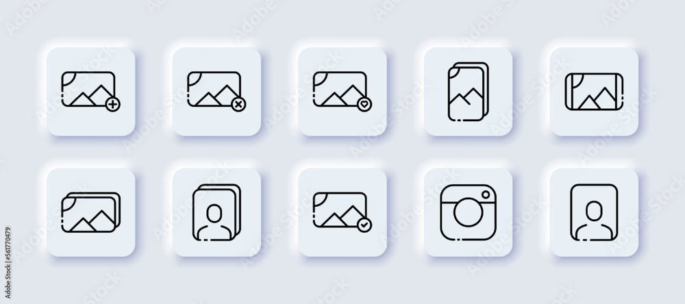 Picture neomorphic line icons set. Photo, avatar, memory, graphics, button, archive, landscape application, camera, photographer, designer, work, memories. These concept. Vector neomorphic icons set Picture neomorphic line icons set. Photo, avatar, memory, graphics, button, archive, landscape application, camera, photographer, designer, work, memories. These concept. Vector neomorphic icons set