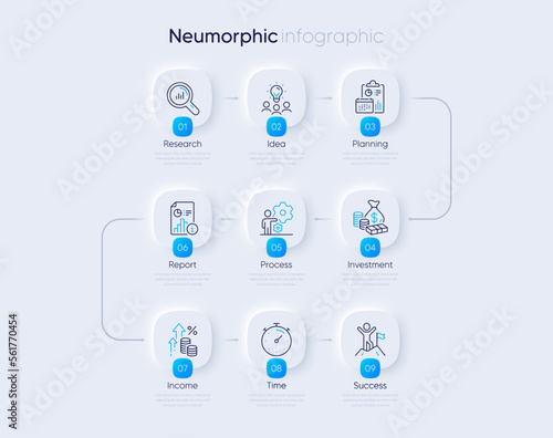 Neumorphic business 9 step flowchart or timeline diagram. Presentation process diagram. Business timeline chart template. Infographic 9 steps with icons. Project features infographic timeline. Vector