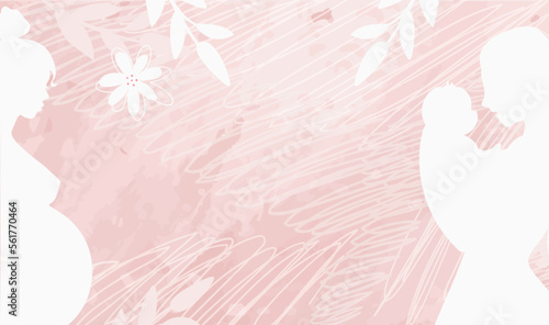 Pregnancy and motherhood modern banner with copy space, white silhouette of pregnant woman and woman with baby, beautiful cute background for text. Modern vector illustration.
