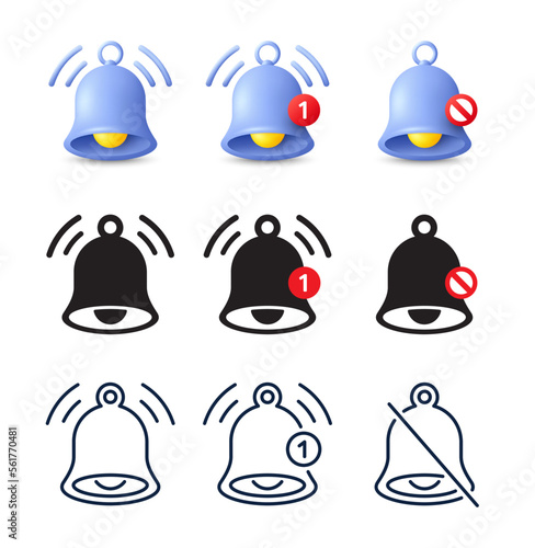 Notification bell icon set. Incoming inbox message, ringing bell and new message reminder icons. Event alert notice, web notification box and announcement reminder. Vector illustration