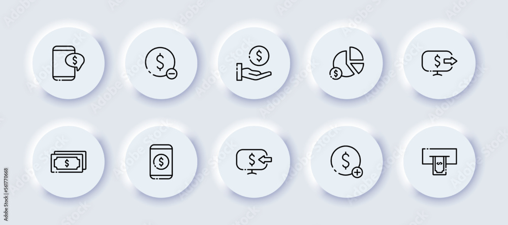 Earnings neomorphic line icons set. Balance, replenish, deposit, earnings, investments, stocks, business,data, bank, capital, tax, management, payment. finance concept. Vector neomorphic line icon set Earnings neomorphic line icons set. Balance, replenish, deposit, earnings, investments, stocks, business,data, bank, capital, tax, management, payment. finance concept. Vector neomorphic line icon set
