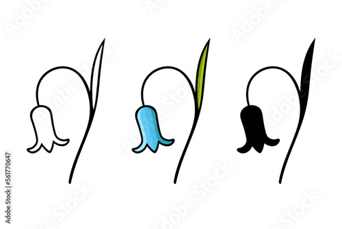 Set of bluebells: color image, outline, silhouette. Flowers. Illustration of bellflower. Floral elements isolated on white background. 