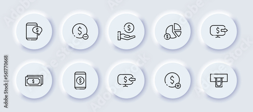 Earnings neomorphic line icons set. Balance, replenish, deposit, earnings, investments, stocks, business,data, bank, capital, tax, management, payment. finance concept. Vector neomorphic line icon set