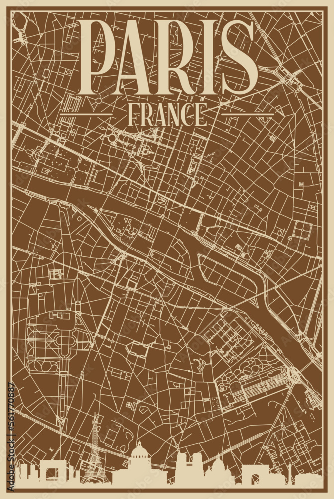 Obraz premium Brown hand-drawn framed poster of the downtown PARIS, FRANCE with highlighted vintage city skyline and lettering