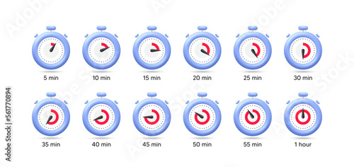 Set of timer 3d icons. Stopwatch isolated icons with time from 5 minutes to 1 hour. Countdown timer for cooking or sport. 3d stopwatch time collection. Vector illustration