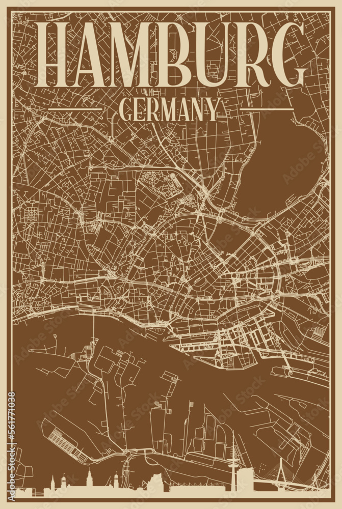 Brown hand-drawn framed poster of the downtown HAMBURG, GERMANY with highlighted vintage city skyline and lettering