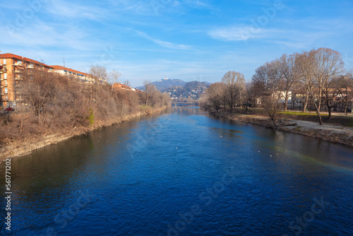 River Po in Turin . Riverside residential houses . Torino riverside scenery 