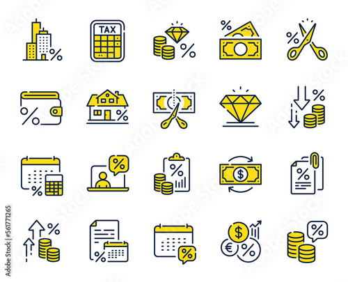 Tax line icons. Mortgage rate, Money credit and finance payroll set. Increase percent rate, return overpayment money, tax amount line icons. Jewel value, cut finance and tax evasion. Vector