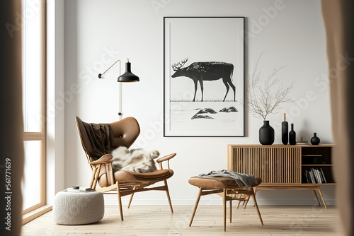 Stylish scandinavian composition of living room with design armchair, black mock up poster frame, commode, wooden stool, book, decoration, loft wall and personal accessories in modern home decor photo