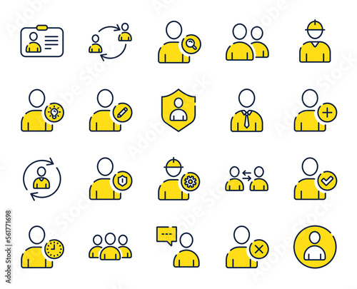 Users line icons. Profile, Group of people and Support signs. ID card, Teamwork people and Businessman user symbols. Person talk, Engineer profile and Human Management. Job support. Vector