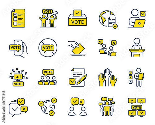 Voting line icons. Public Election, Vote Box, Ballot Paper icons. Candidate, Politics voting and People vote. Government election, Raised hands, Document checklist. Online poll result. Vector