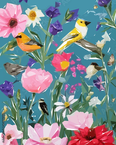 Floral Illustration Background with Bird  Colorful flowers  trees and leaves.