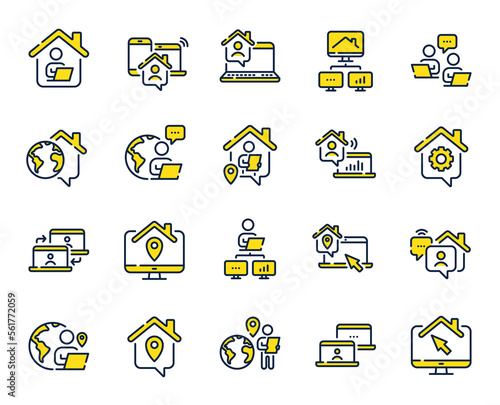 Work at home line icons. Remote worker, Freelance job, Office employee. Stay at home, internet work, remote teamwork line icons. Worker with computer, home workspace, shared network. Vector