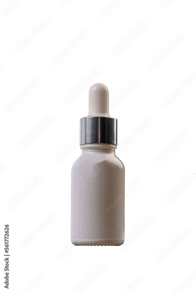 A white glass dropper bottle on transparent background 