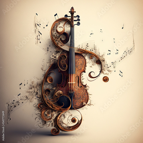 Fotografie, Tablou Abstract Violin Squirls and Sheet Music, generative AI