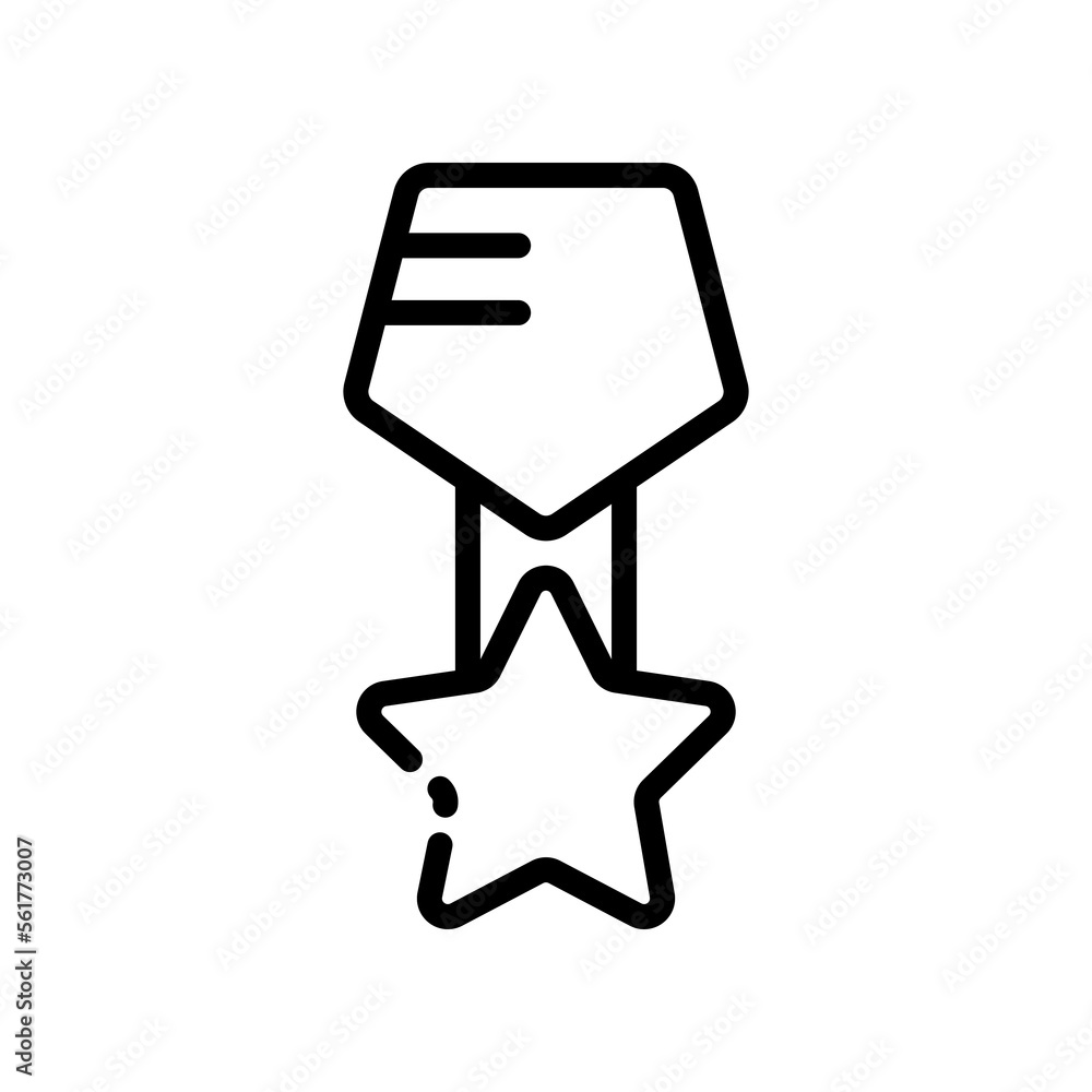 Medal line icon. Ward, ribbon, star, achievement, victory, leader, champion, hand, championship, position, standings. competition concept. Vector black line icon on white background. Medal line icon. Ward, ribbon, star, achievement, victory, leader, champion, hand, championship, position, standings. competition concept. Vector black line icon on white background.
