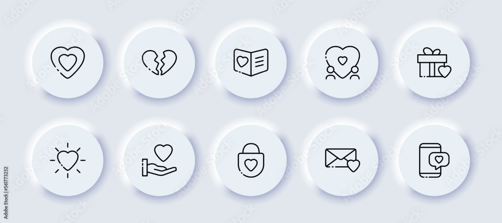 Love neomorphic line icons set. Voting, hand, lock, gift, speaker, mouthpiece, announcement, important information, events. communication concept. Vector neomorphic line icons set Love neomorphic line icons set. Voting, hand, lock, gift, speaker, mouthpiece, announcement, important information, events. communication concept. Vector neomorphic line icons set