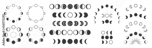 Phases of moon, boho moon illustration. Lunar phases, cycles vector clipart. New, Full Moon, Waning Crescent, First and Last Quarter
