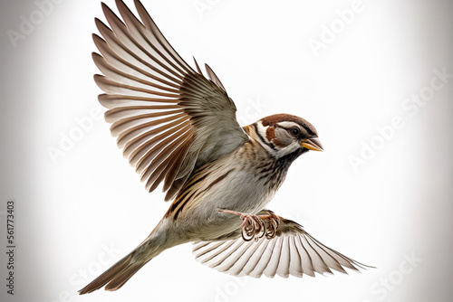 Flying House sparrow on white background (Passer domesticus). Generative AI © 2rogan