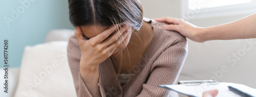 Bild auf Leinwand psychologist touching back and encouraging stressed woman have by about mental h