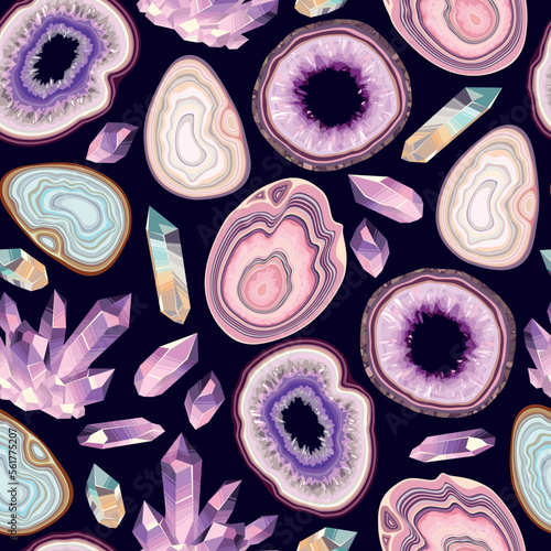 Vector seamless pattern with geode and crystals