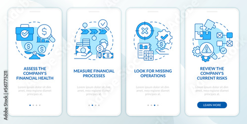 Determine treasury management need blue onboarding mobile app screen. Walkthrough 4 steps editable graphic instructions with linear concepts. UI, UX, GUI template. Myriad Pro-Bold, Regular fonts used