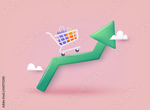 Inflation, Price rising up. The rise in prices for products. grocery set, stack of coins and up arrow. Inflation financial crisis concept. 3D Web Vector Illustrations.