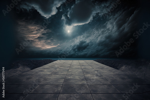 Background of a dark concrete floor, a picturesque night sky, and dramatic clouds. Generative AI