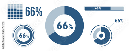 66% percentage infographic set. Sixty-six circle diagram, pie donut chart, progress bar. 66 percent loading data icon. Vector concept collection.