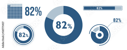 82% percentage infographic set. Eighty-two circle diagram, pie donut chart, progress bar. 82 percent loading data icon. Vector concept collection.