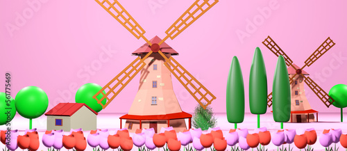 3D rendering. 3d rendering of a Dutch windmill and buildings.