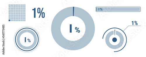 1% percentage infographic set. One circle diagram, pie donut chart, progress bar. 1 percent loading data icon. Vector concept collection.
