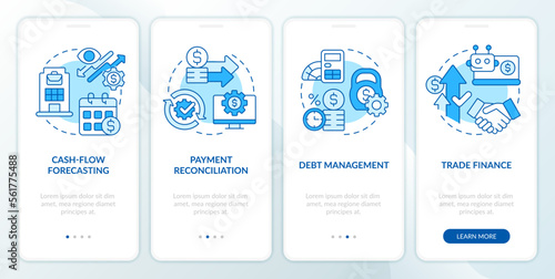 Treasury management system feature blue onboarding mobile app screen. Walkthrough 4 steps editable graphic instructions with linear concepts. UI, UX, GUI template. Myriad Pro-Bold, Regular fonts used