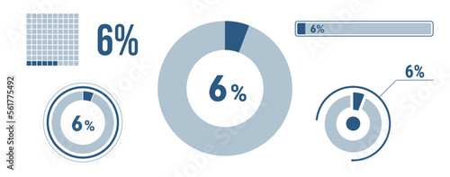 6% percentage infographic set. Six circle diagram, pie donut chart, progress bar. 6 percent loading data icon. Vector concept collection.
