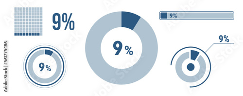 9% percentage infographic set. Nine circle diagram, pie donut chart, progress bar. 9 percent loading data icon. Vector concept collection.