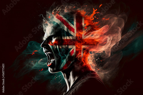 Patriot adult man screaming in anger with the Britsh Union Jack flag distressed and on fire projecting and exploding from his head and face, computer Generative AI stock illustration image photo
