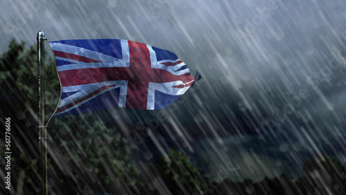 Photography flag of United Kingdom (UK) with rain and dark clouds, tempest forecast symbol -