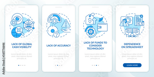 Corporate treasurer challenges blue onboarding mobile app screen. Walkthrough 4 steps editable graphic instructions with linear concepts. UI, UX, GUI template. Myriad Pro-Bold, Regular fonts used