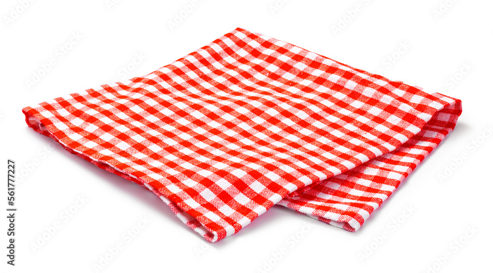 Table cloth kitchen isolated. Red napkin on white background. - obrazy, fototapety, plakaty 