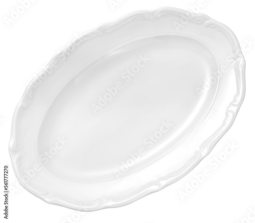 Foto White porcelain plate isolated. Top view of oval plate on white.