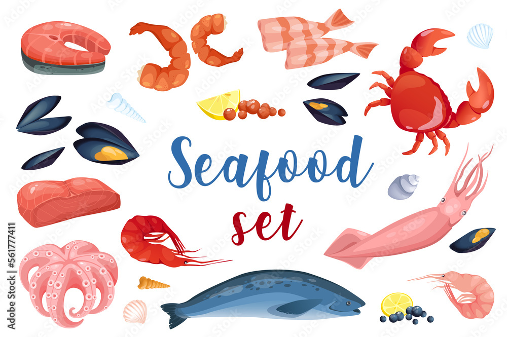 Naklejka premium Seafood in cartoon style set isolated elements. Bundle of steak of salmon, shrimp, crab, squid, tuna, octopus, mussels and other healthy fresh fish and shellfishes. Illustration in flat design