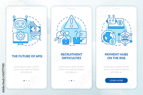 Treasury management trends blue onboarding mobile app screen. Walkthrough 3 steps editable graphic instructions with linear concepts. UI, UX, GUI template. Myriad Pro-Bold, Regular fonts used
