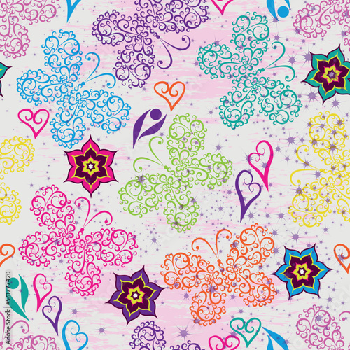 Vector seamless valentine grunge pattern with flowers and doodle butterflies and hearts and stars