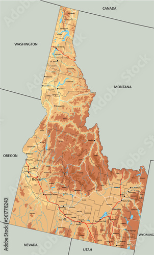 Highly detailed Idaho physical map with labeling.